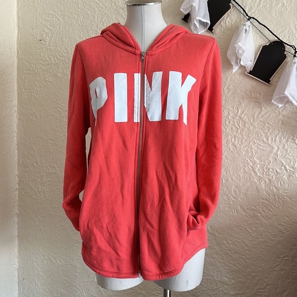 Victoria’s Secret Pink White Logo Hoodie Zip Up Sweatshirt Medium - Picture 3 of 10
